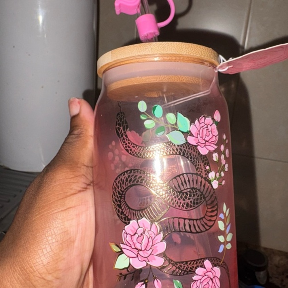 Pink Snake and Floral Water Bottle